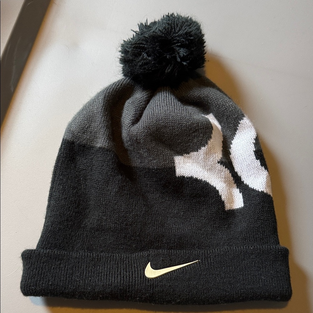 Nike Kids' Black and Gray Beanie with Pom